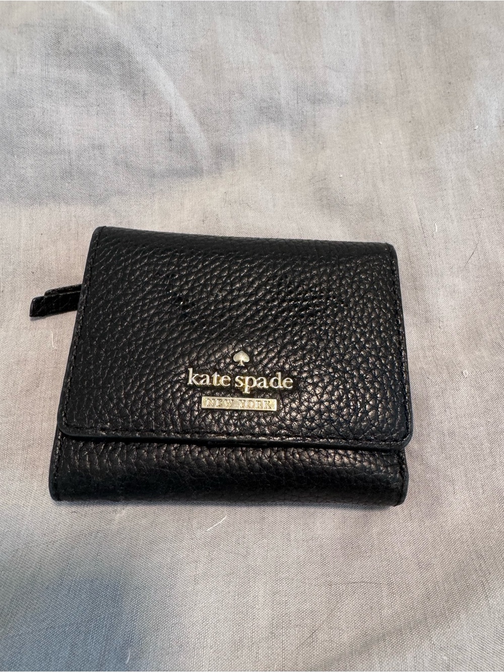 Kate Spade Black Pebbled Leather Compact Wallet with Gold Logo